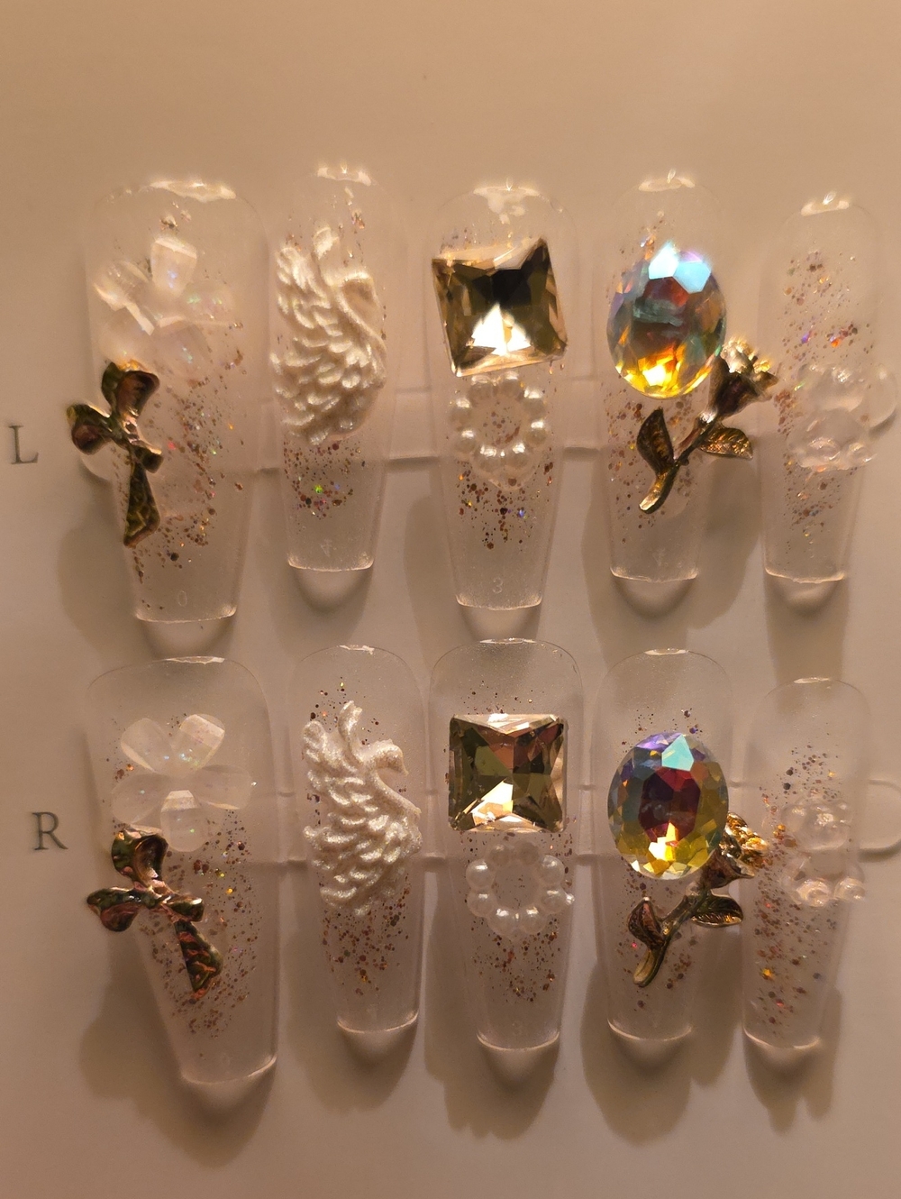 Elegant Crystal Accent Clear Press-On Nails with Gold Charm Details Size Large